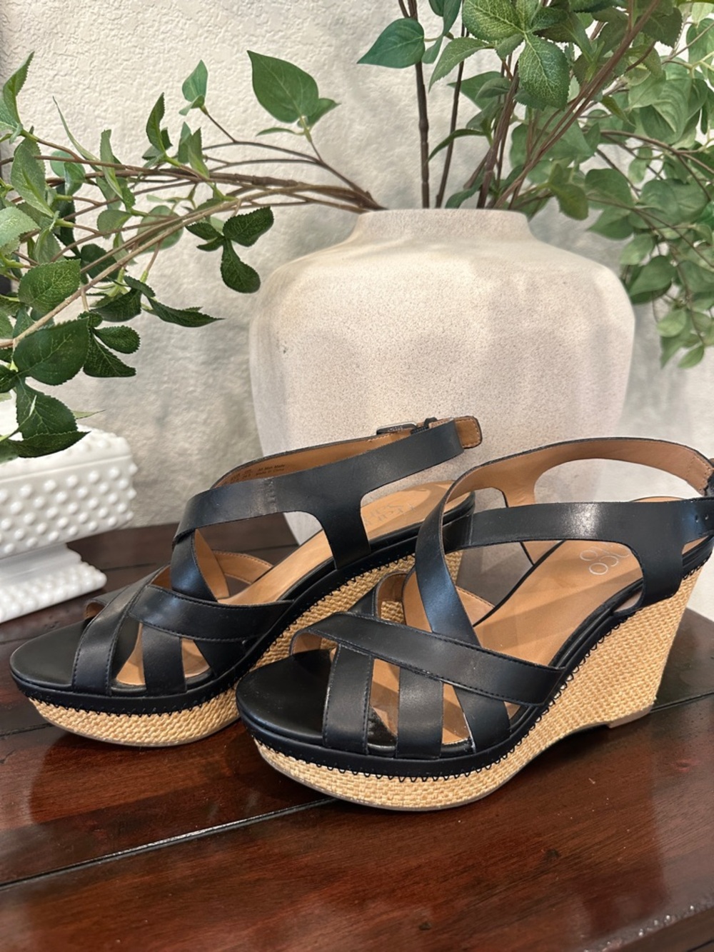 Franco Sarto Black Leather Wedge Sandals with Woven Platform NWOT
